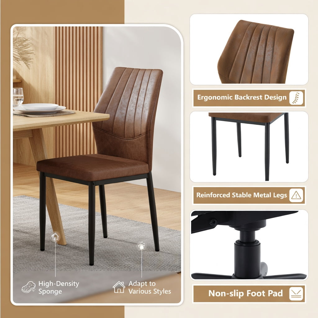 Hommoo Set of 4 Ergonomic Dining Chairs, Shell-Design Fabric Chairs with Metal Frame, 37" Height, Comfortable High-Density Foam Cushioning, Brown & Black