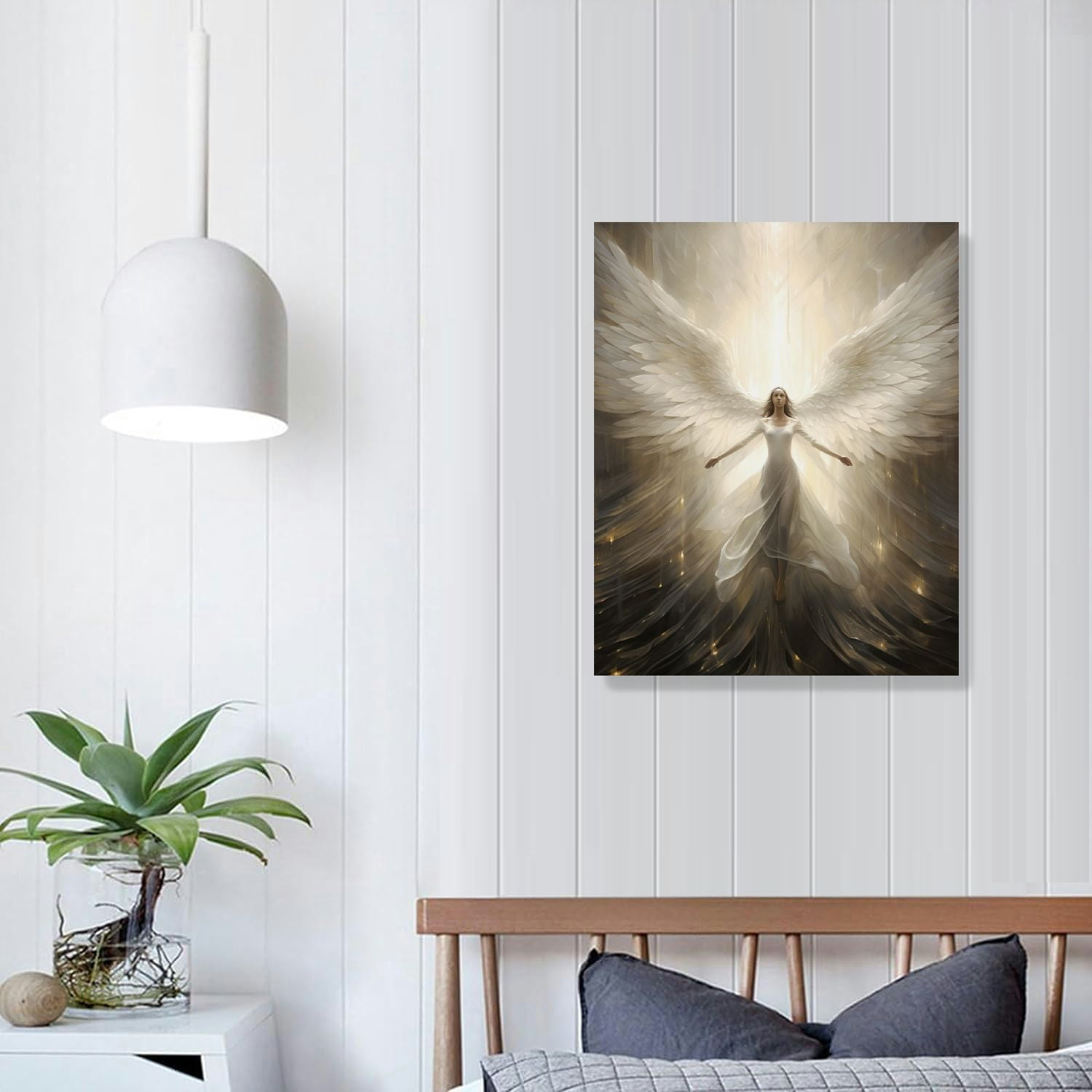 COMIO  Angel Pictures Wall Decor Angel White Wings Canvas Wall Art Abstract Girl Painting Print Modern Artwork Living Room Decor Frame