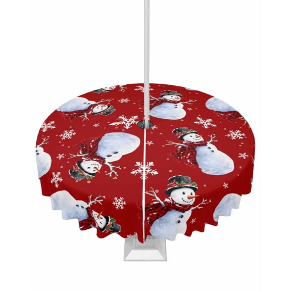 Fsddascl Red Christmas Outdoor Tablecloth - 60 Inch Round Dining Table Cover, Snowflake Snowman Xmas Christmas Waterproof Outdoor Table Cloth with Umbrella Hole & Zipper for Picnic/Patio/Party