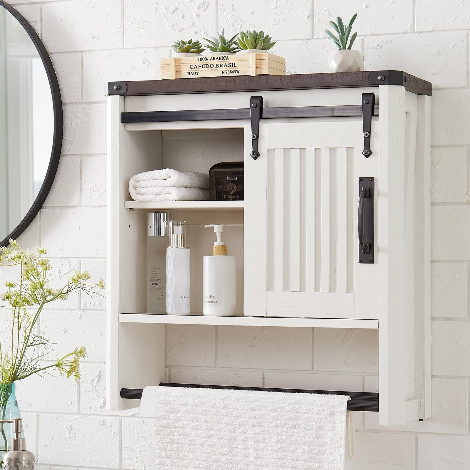 Buildhom Farmhouse Bathroom Medicine Cabinet with Sliding Barn Door & Adjustable Shelves, Multi-Purpose Wall Mounted, Antique White