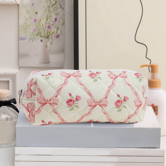 Large Quilted Cosmetic Bag for Women and Girls Flirty Floral Makeup Pouch Travel Toiletry Organizer with Durable Fabric