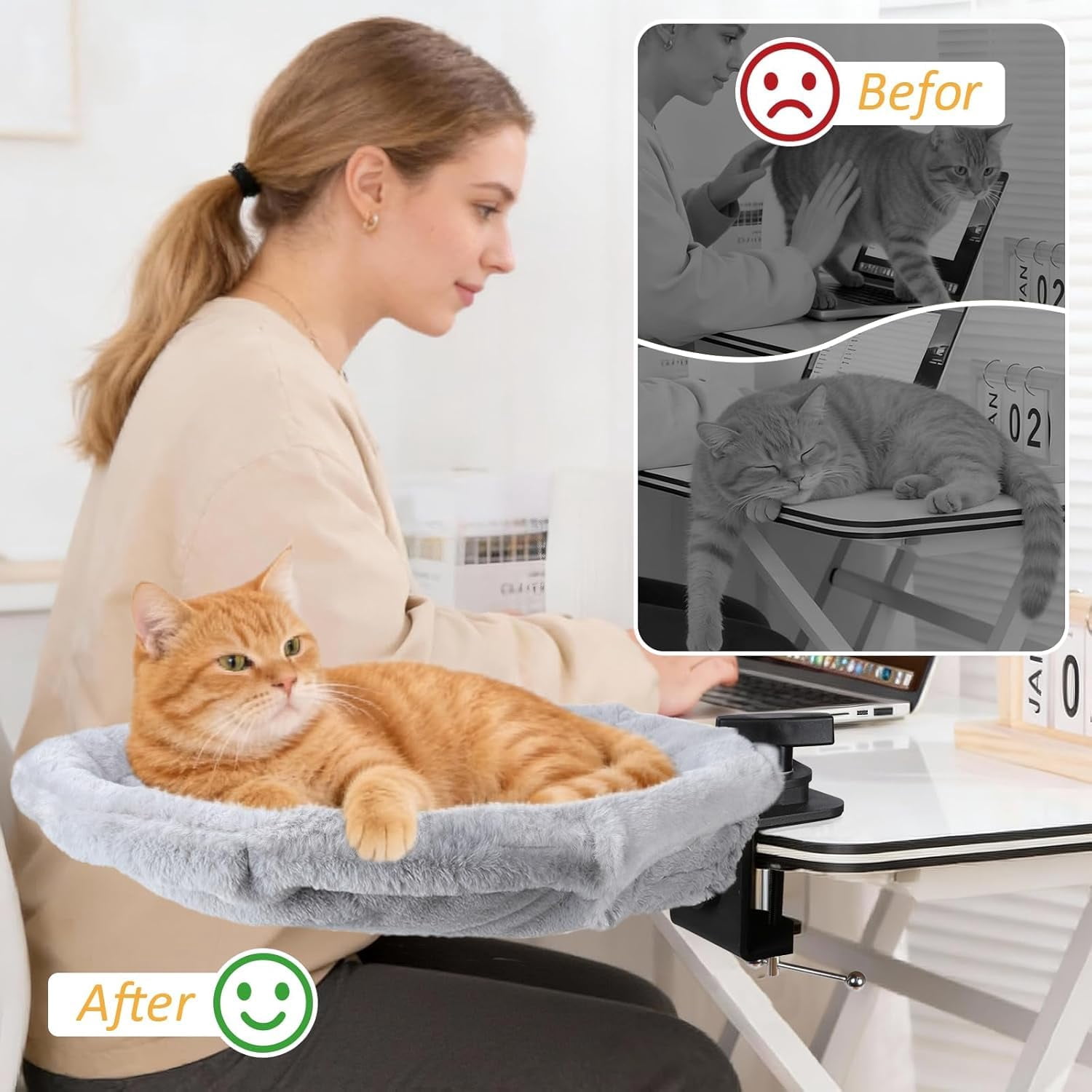 360° Rotating Cat Desk Hammock – Space-Saving Cat Perch with Clamp Mount, 2 Washable Pads, Supports up to 45 lbs