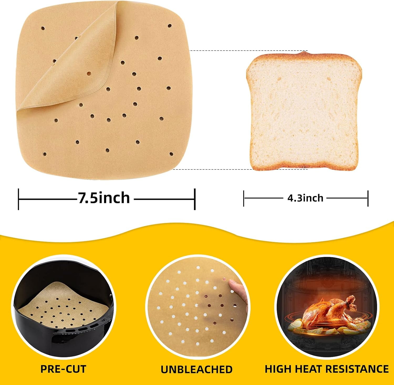 200Pcs 7.5 In Air Fryer Liners, Parchment Paper for Air Fryer, Unbleached Disposable Air Fryer Liners Paper Sheets Square for Air Fryer, Steaming Basket, Oven Baking
