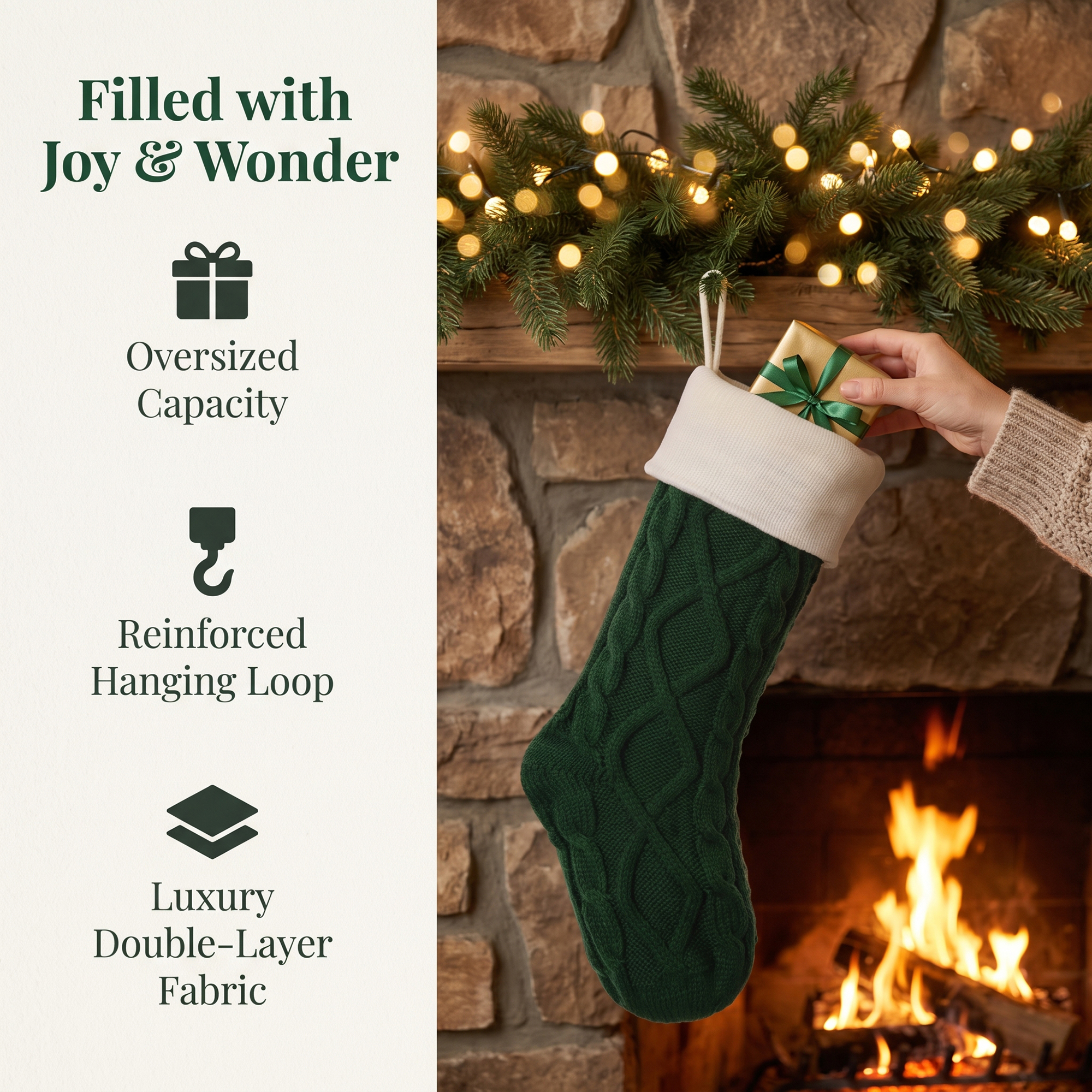 Unique Bargains Durable Luxurious Cable-Knit Christmas Stocking Green White 18"