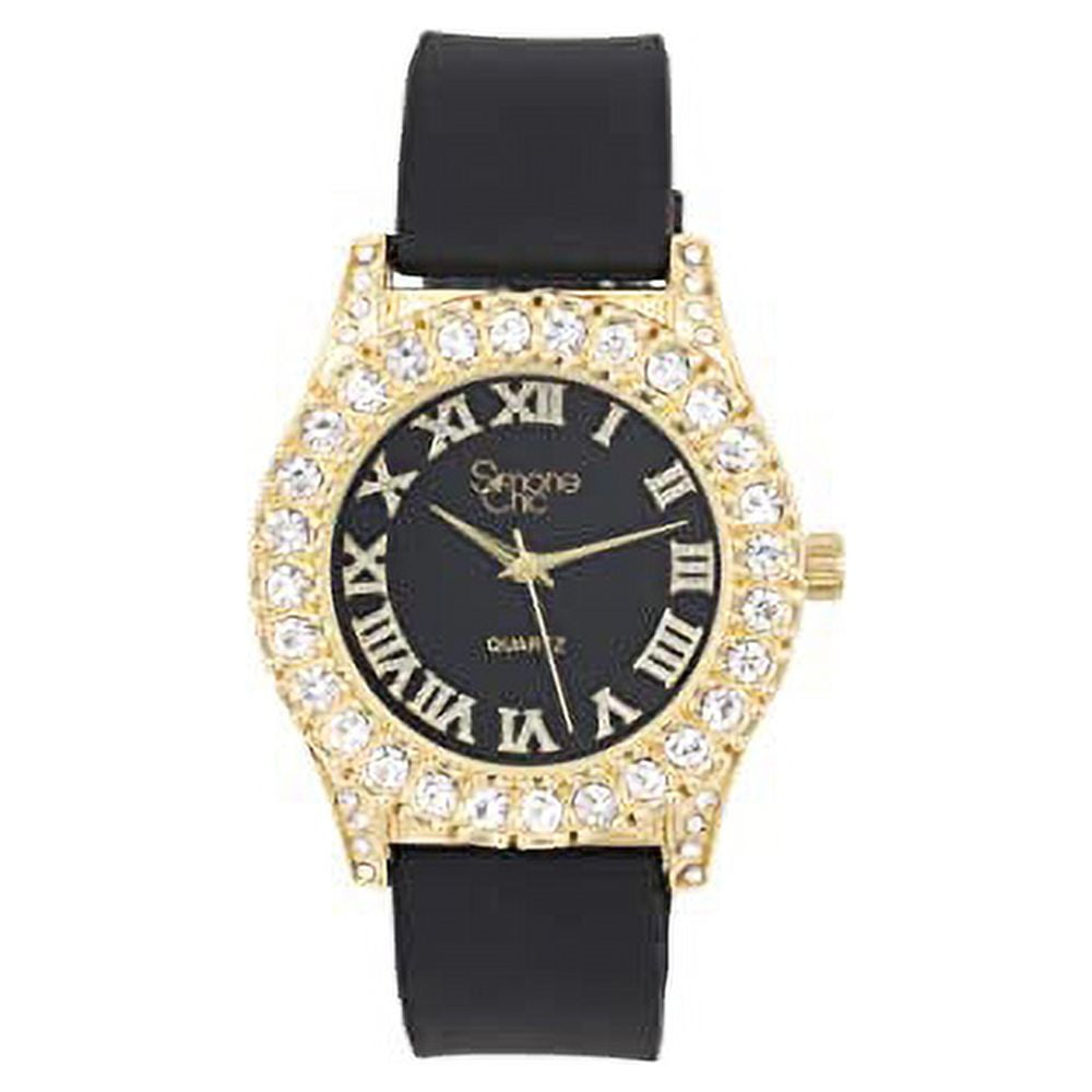 Simone Chic. Women's Big Rocks Fully Iced Bezel Colored Dial w/Easy Reader Roman Numerals Colorful Rubber Band Watch - ST10357LA (2pcSet Gld Night Blk)