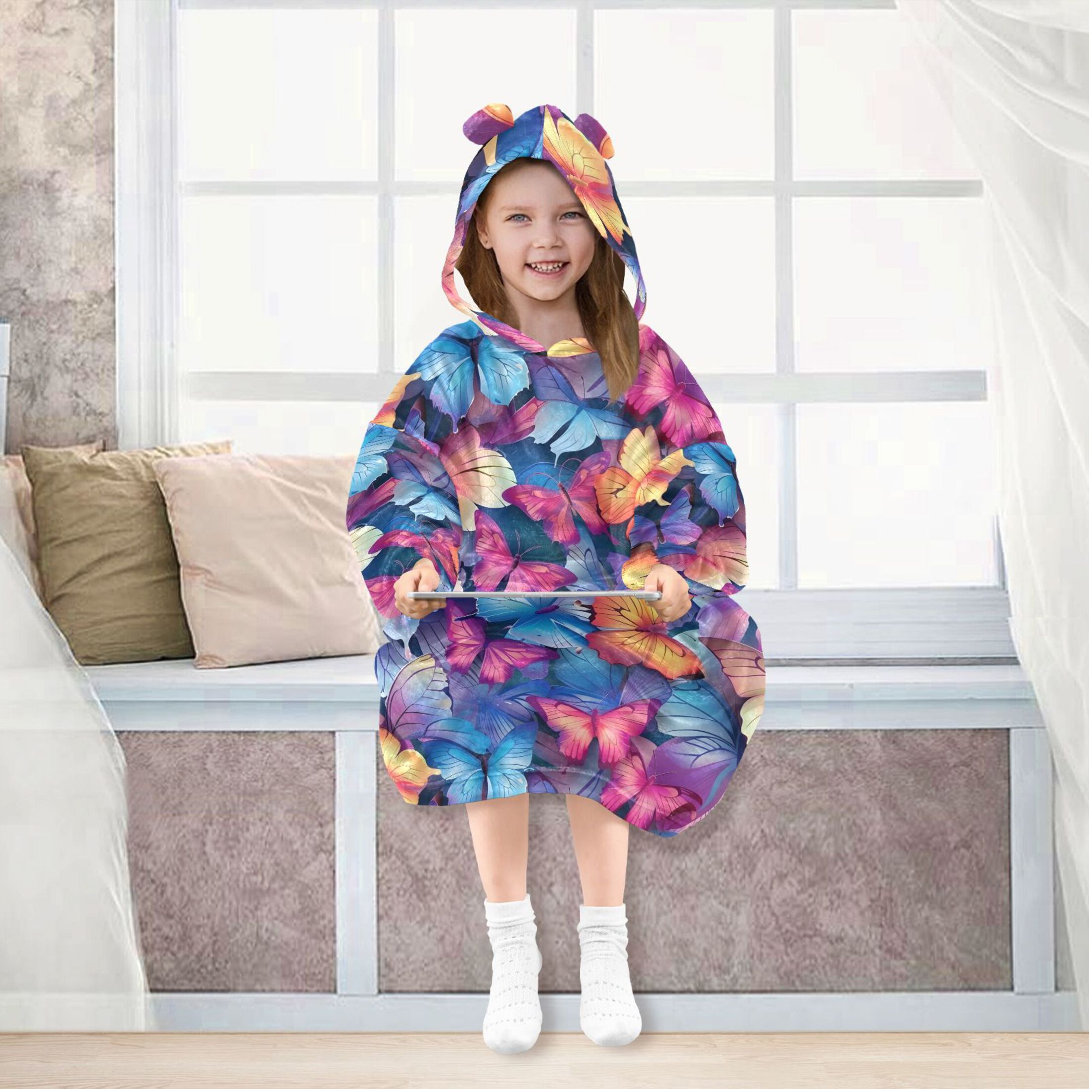 Dailycode Wearable Blanket Hoodie Oversized Sherpa Flannel Blankets with Pocket for 3-14 Year Old Vibrant Butterflies
