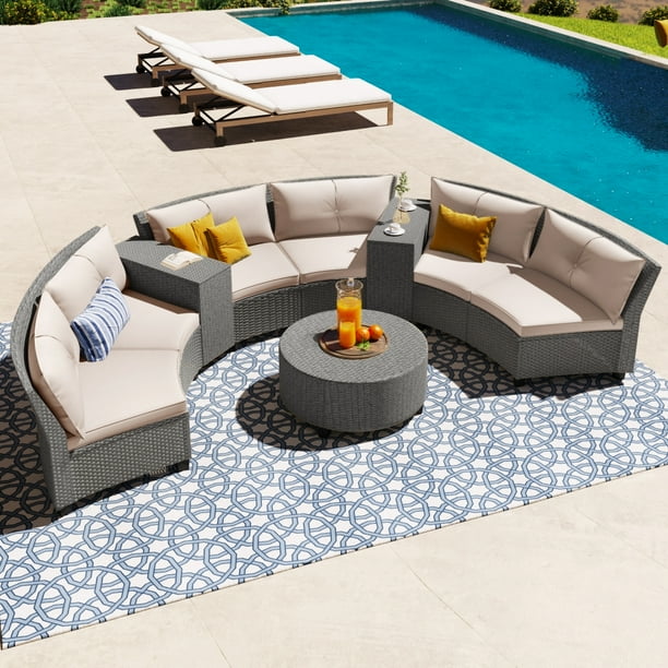 9Piece Outdoor Wicker Round Sofa Set, HalfMoon Sectional Patio Sofa