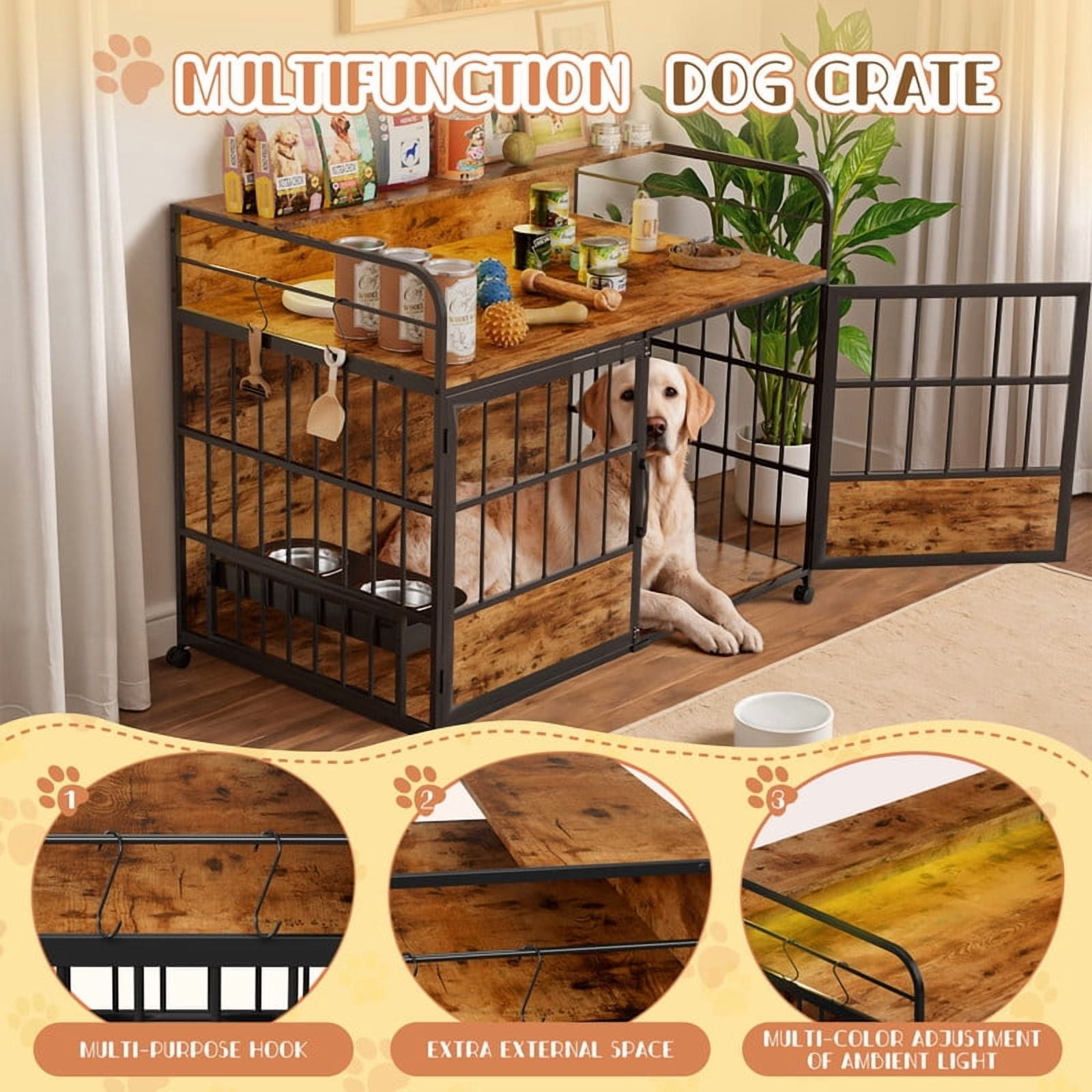 Homall 44.1" Wooden Furniture Style Crate for Dog with Dual Desktops, Rounded Side Armrests, Multi-Color LED Lights
