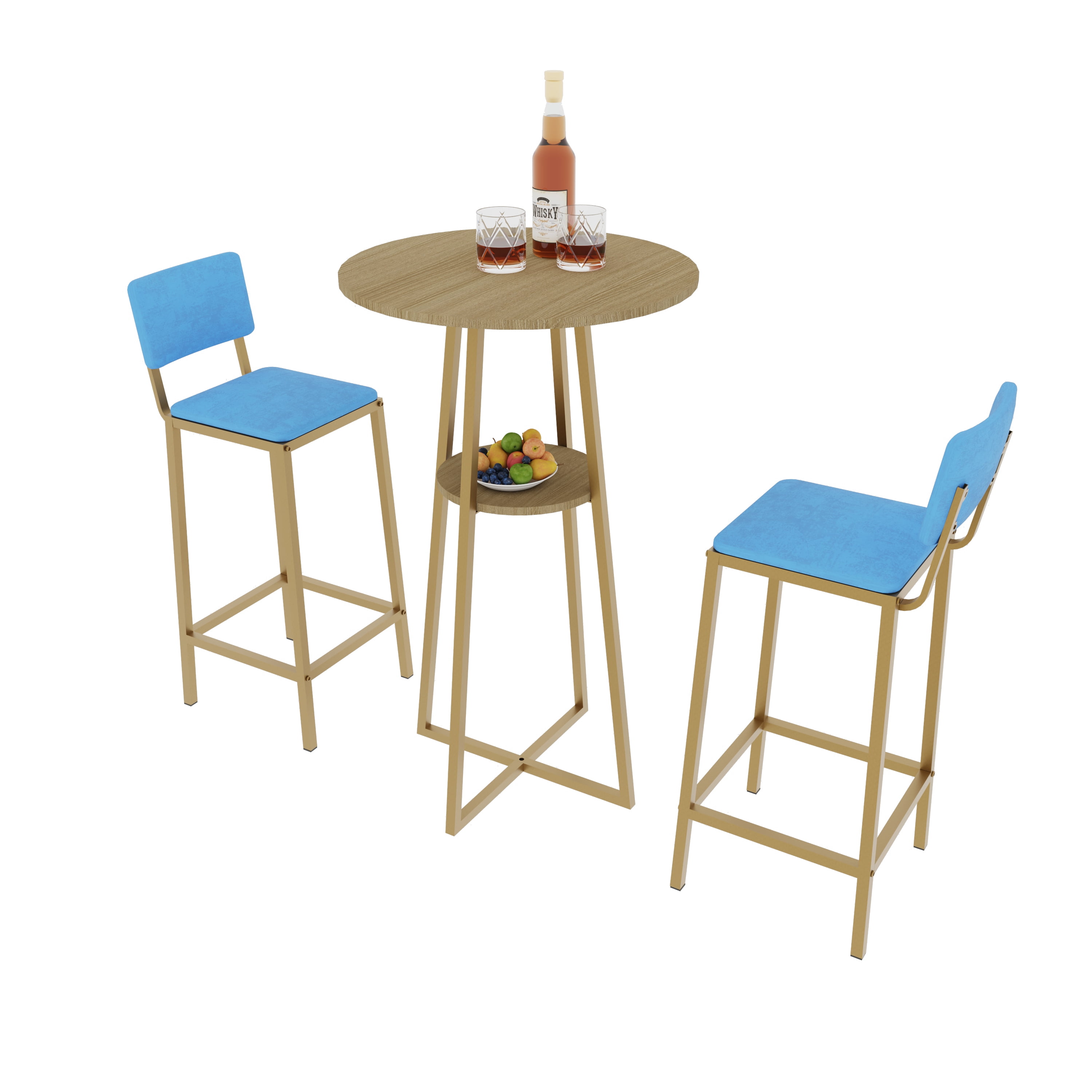 Aukfa 3 Pcs Dining Table Set, Bar Table and Chairs Set with storage cushions for Breakfast Kitchen Dining Room, Blue