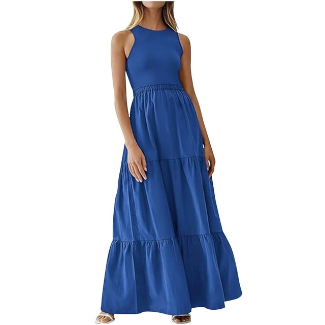 FAIWAD Robe d'Été Sans Manches pour Femmes Invitée de Mariage Maxi Robe Débardeur Robe Trapèze en Tricot Côtelé avec Poches