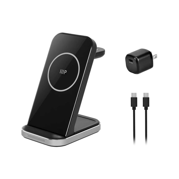 Monoprice 3‑in‑1 Wireless Charging Station for iPhone, Apple Watch, AirPods, Bundled with Quick Charge 3.0 Wall Charger, Fast Charging, Triple Sense LED Indicator, Detachable Watch Charger