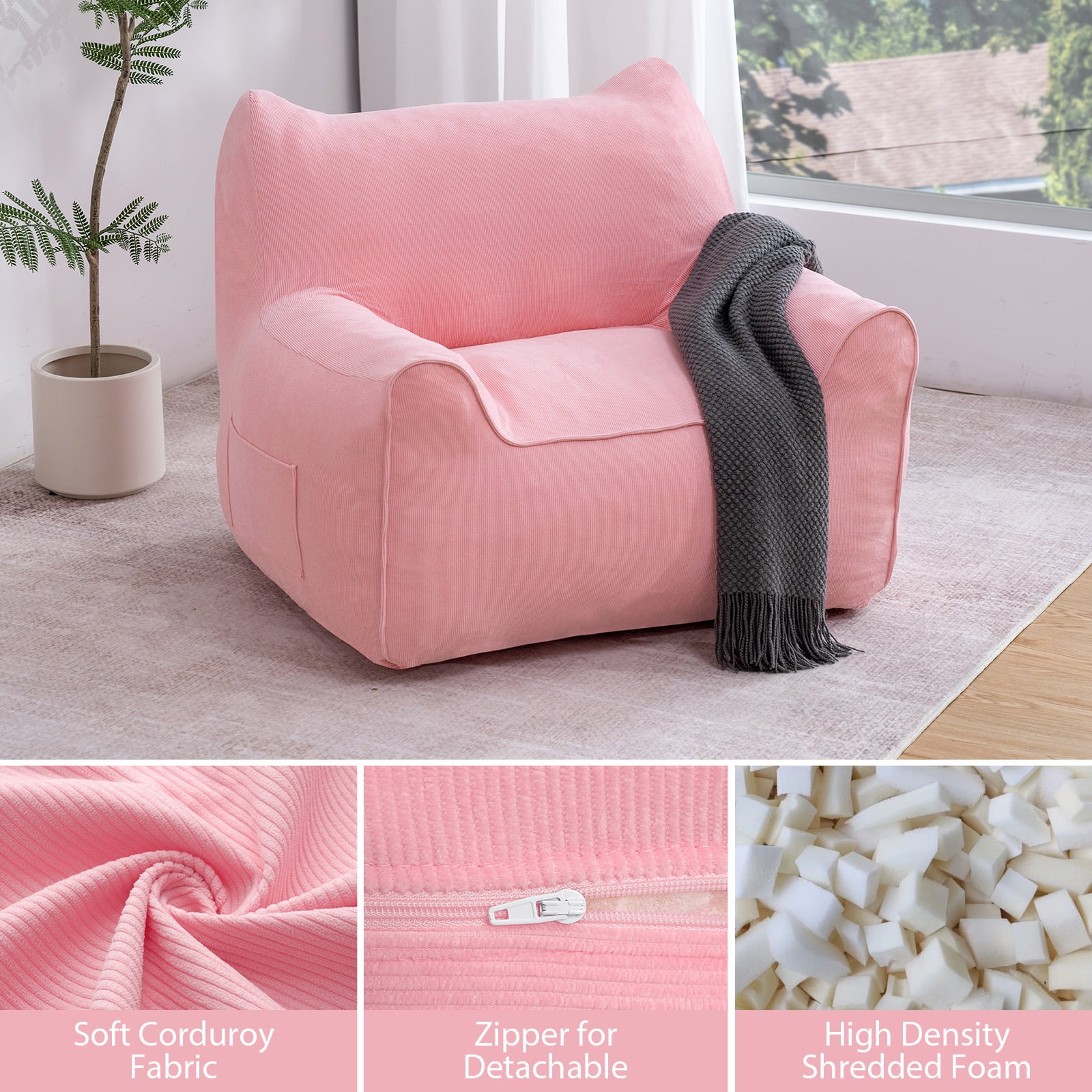 Lusimo Bean Bag Chair for Adults Teens, 3FT Lazy Memory Foam Bean Bag Sofa for Bedrooms, Cat-Ear Design Couch with Corduroy Washable Cover, Lounge Chairs with Pocket for Gaming, Reading, Pink