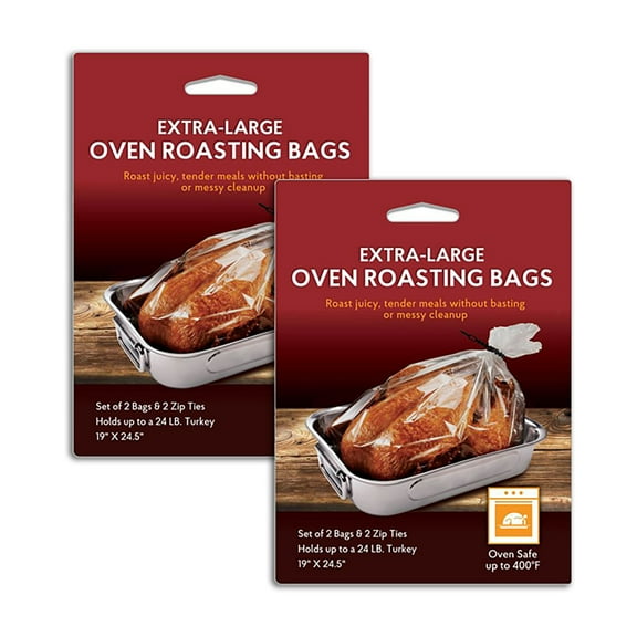 HIC Roasting Extra-Large Oven Roasting Bags with Zip Ties, Holds 24-Pound Turkey, Set of 2 Bags and 2 Bag Ties