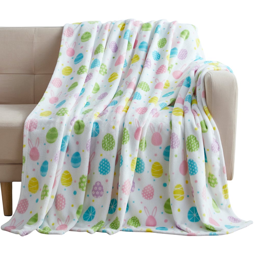 Easter Bunny Eggs Velvet Fleece Throw Blanket Colorful Soft Cozy Print
