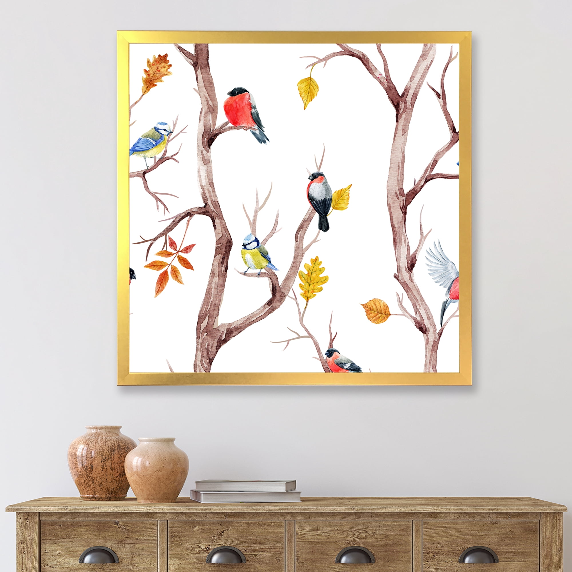 Designart 'Little Birds and Fall Trees' Traditional Framed Art Print