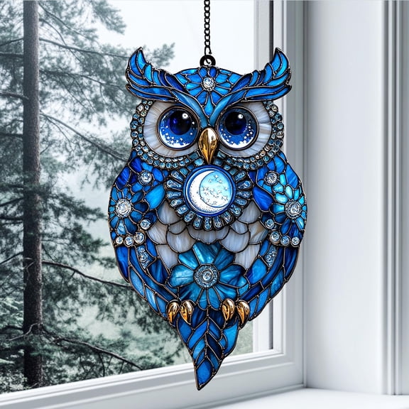 Moonlit Blue Owl Acrylic Suncatcher fullxfull Mystical Celestial Bird Hanging Window Decor with Starry Eyes and Full Moon Accent
