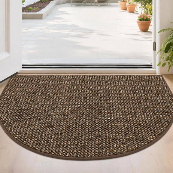 Dirt Trapper Door Mat 24" x 36" Half Circle Non-Slip Washable Doormats Entrance Rugs Absorbent Welcome Low Profile Floor Mats for Front Back Door and Entryway, Brown