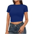 thumbnail image 3 of Fashion Olyvenn Women's Basic Teen Tee Workout Crewneck Short Sleeve Slim Fitted Casual Crop Top Lightweight Layer Yoga Tee Blouses Blue S, 3 of 7