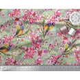 thumbnail image 3 of Soimoi Green Crepe Silk Fabric Stripe,Floral & American Robin Bird Fabric Prints by Yard 42 Inch Wide, 3 of 3