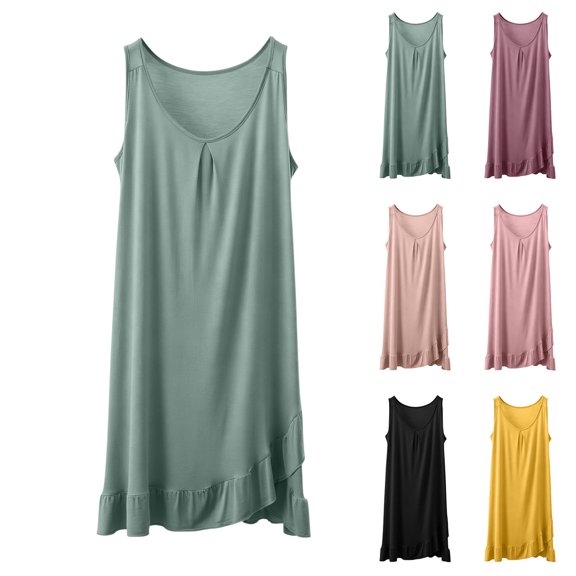 Antinious Women Trendy Long Style Nightgown Tank Ruffle Hem Loose Sleeveless Soft Pleated Solid