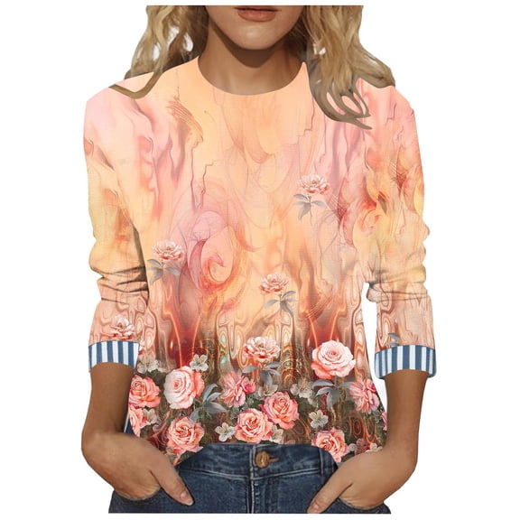 Women's 3/4 Sleeve Summer Tops Casual Round Neck Tshirts Vintage Floral Print Blouse Three Quarter Length Sleeve Tops Plus Size Clothes for Women