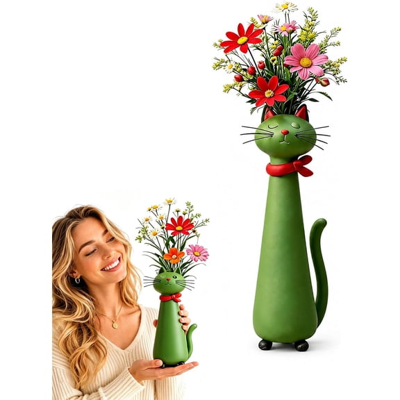 Handcrafted Quirky Cat Vase, Whimsical Kitty Planter for Small Flowers, Boho Desk Shelf Decor, Unique Gift for Cat Lovers (Green)