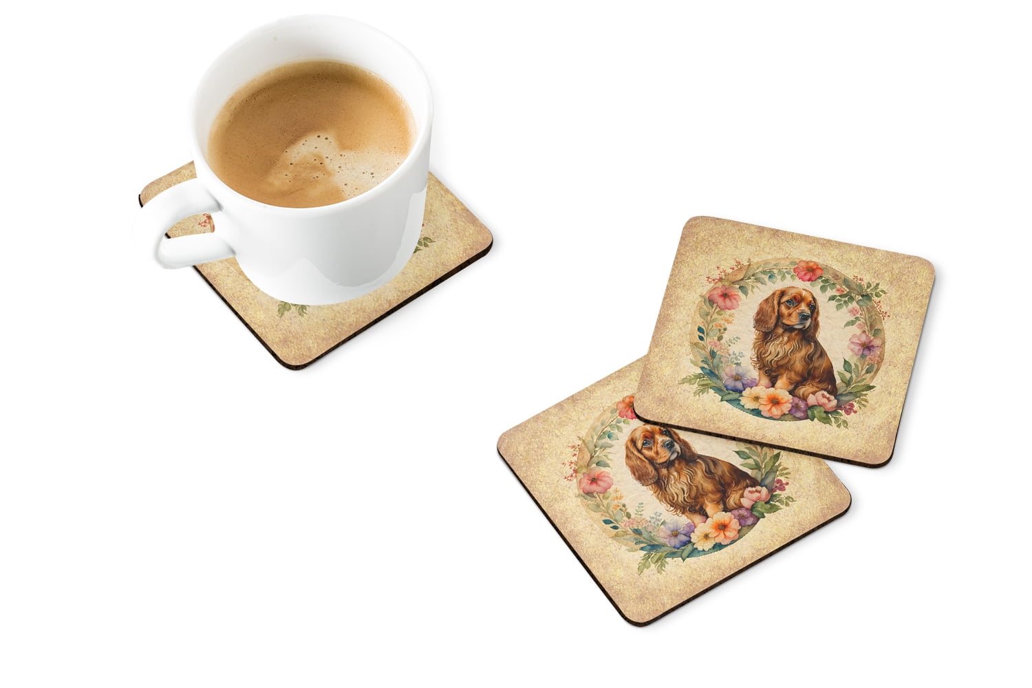 Sussex Spaniel and Flowers Foam Coaster Set of 4 3.5 in x 3.5 in
