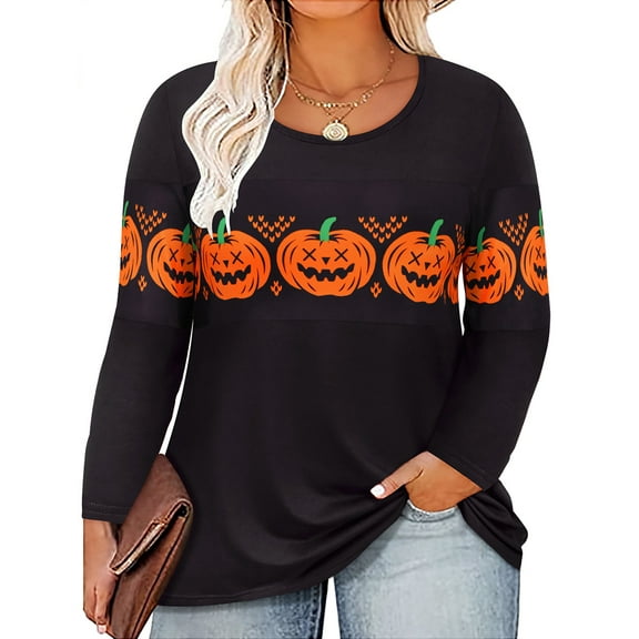 TIYOMI Plus Size Long Sleeve Tops For Women 5X Halloween Pumpkin Shirts Causal Blouses Crewneck Tee Color Block Fall Winter Pullover 5XL 28W