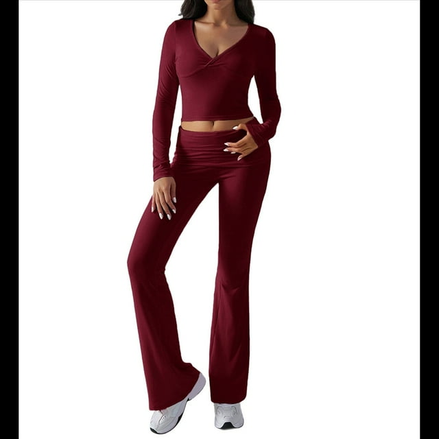 Conjunto Deportivo de 2 Piezas para Mujer, Camiseta de Larga, Pantalones Acampanados, Chándal Informal, Color Vino Tinto, Talla XL