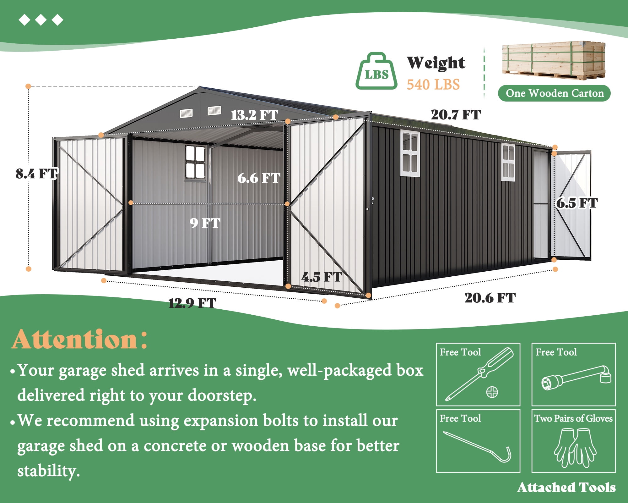 LUXOAK 13.2x20.7x8.4 ft Outdoor Storage Shed, Huge Metal Shed with