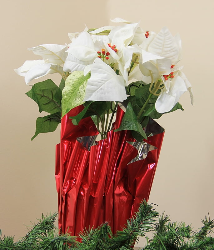 24" White Artificial Poinsettia Potted Christmas Plant with Red Foil