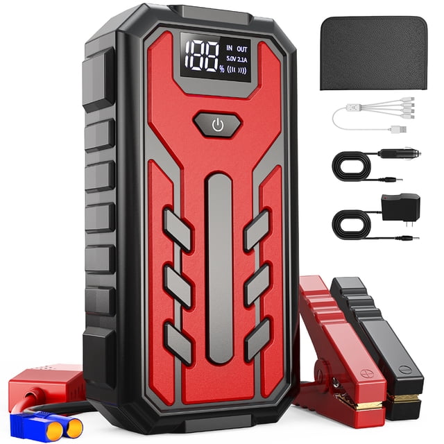 Auto Portátil Jump Starter, 4000A Pico 39800mAH Battery Jump Starter (para Todo Motor de Gasolina O Diésel), Potenciador de Batería Automático de 12V con Pantalla LCD y Cables de Puente Indicador, Ca