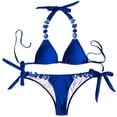 thumbnail image 3 of Wuxian 2 Piece Bikini Set For Women Swimsuit Halter Neck Spaghetti Strap Deep V-Neck Backless Lace Up Rhinestone Swimming Bandeau Solid Color Triangle Tie Stylish Cheeky Bathing Suit,Blue,M, 3 of 8
