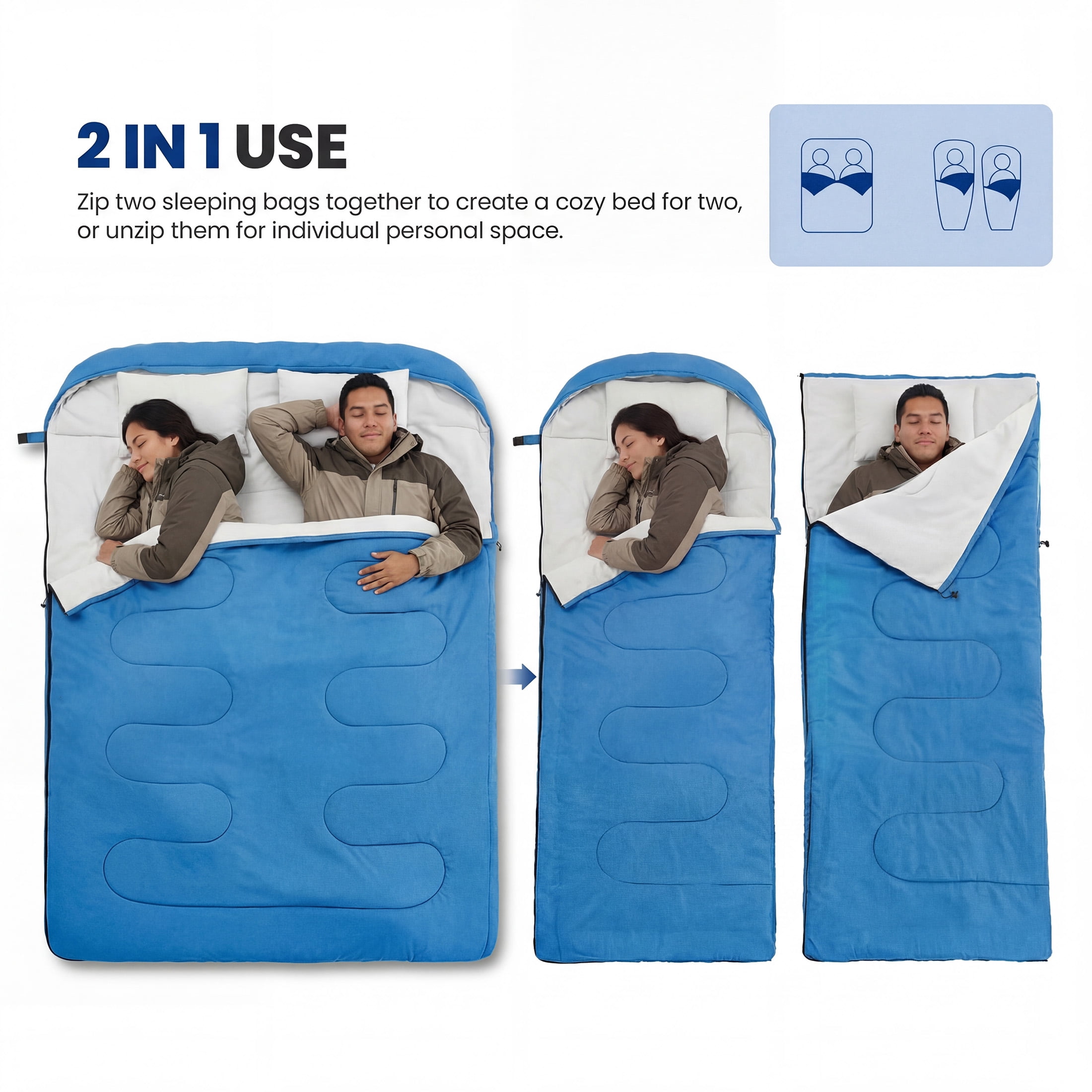 edx Queen Size Sleeping Bag for Adults, Double Sleeping Bag with 2 Pillows for All Season Camping Hiking, 2 Person Sleeping Bag Lightweight Weaterproof, Blue