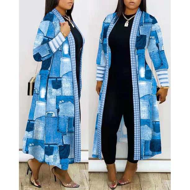 Cárdigan largo estampado para mujer, gabardina de manga larga, abrigo informal holgado abierto, moda de otoño y primavera, 2023