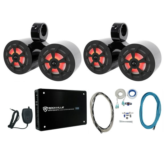 2 Rockville RKL65MBW Dual 6.5" Marine Wakeboard LED Speakers Amplifier Amp Kit