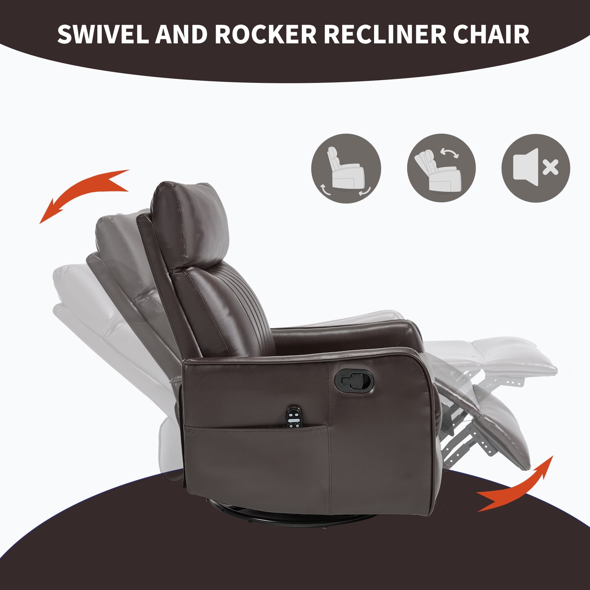 Leumius Manual Swivel Rocker Recliner Chair for Adults,Overstuffed Reclining Glider Chair with Vibration Massage & Heat,Upholstered Recliners with Side Pockets for Living Room,Dark Brown PU