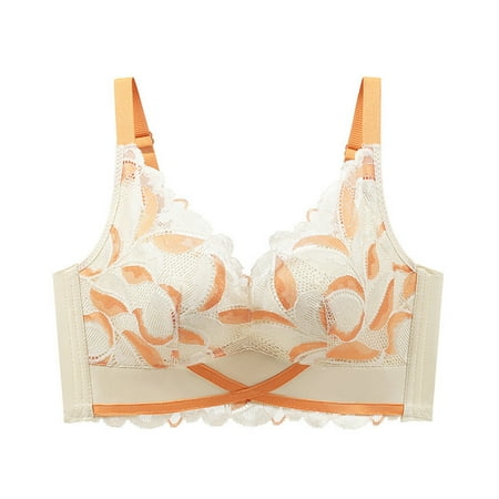 Gnurob Women Wireless Bralettes Thin Padded Underwear Embroidered Lace Brassiere Full Coverage Bra Breathable Bralette Beauty Back Smoothing Bras Clearance Saving Orange Medium
