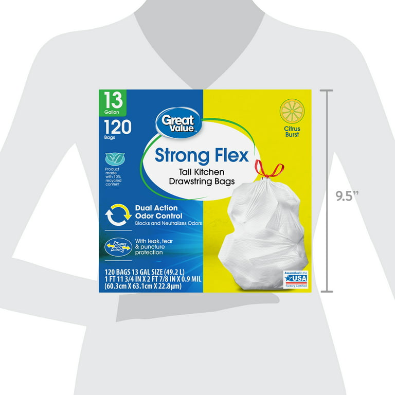 Great Value Strong Flex Tall Kitchen Drawstring Trash Bags, 13 Gallon, 120  Count