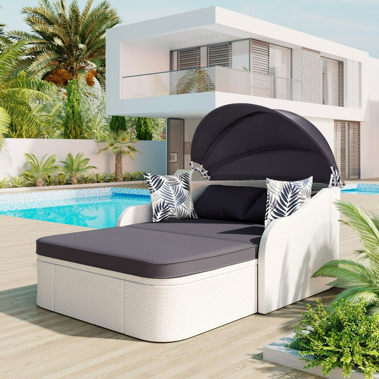 Seizeen Outdoor Rattan Chaise Lounge 2 Person Reclining Daybed with Adjustable Canopy and Gray Cushions Multifunction PE Wicker Furniture w Cover