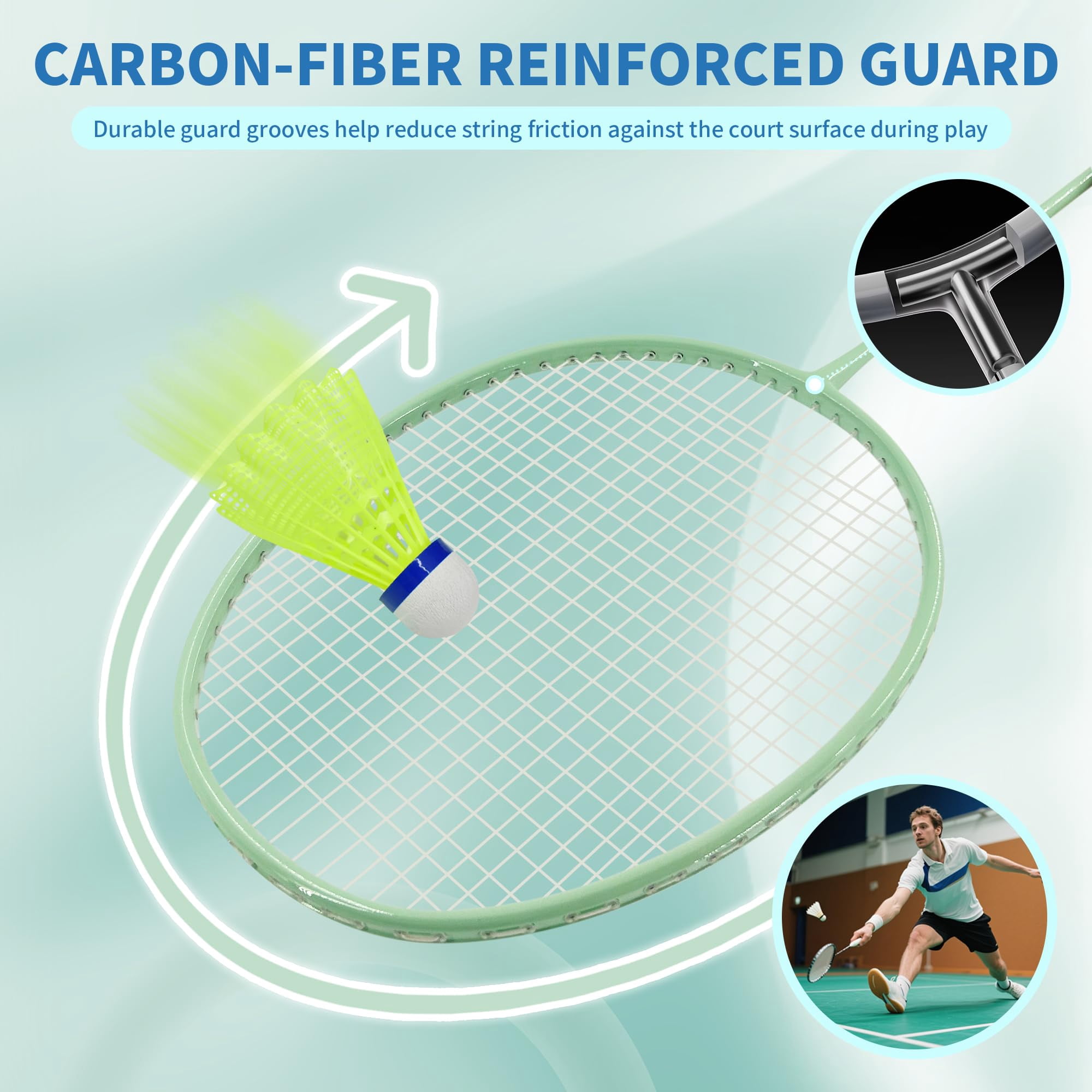 Professional Badminton Rackets Set Of 4 - Carbon Fiber  6 Shuttlecocks 4 Grips & Bag For Backyard Games | 90g Lightweight