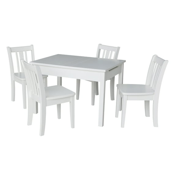 International Concepts Indoor Wood Kids Lift Top Table and 4 San Remo Chairs in White- 5 Piece Set