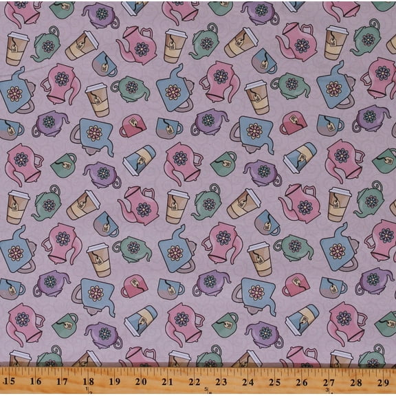 Cotton Tea Pot Cups Plates Saucers Teabags Beverages Food Grey Cotton Fabric Print by the Yard (116266)
