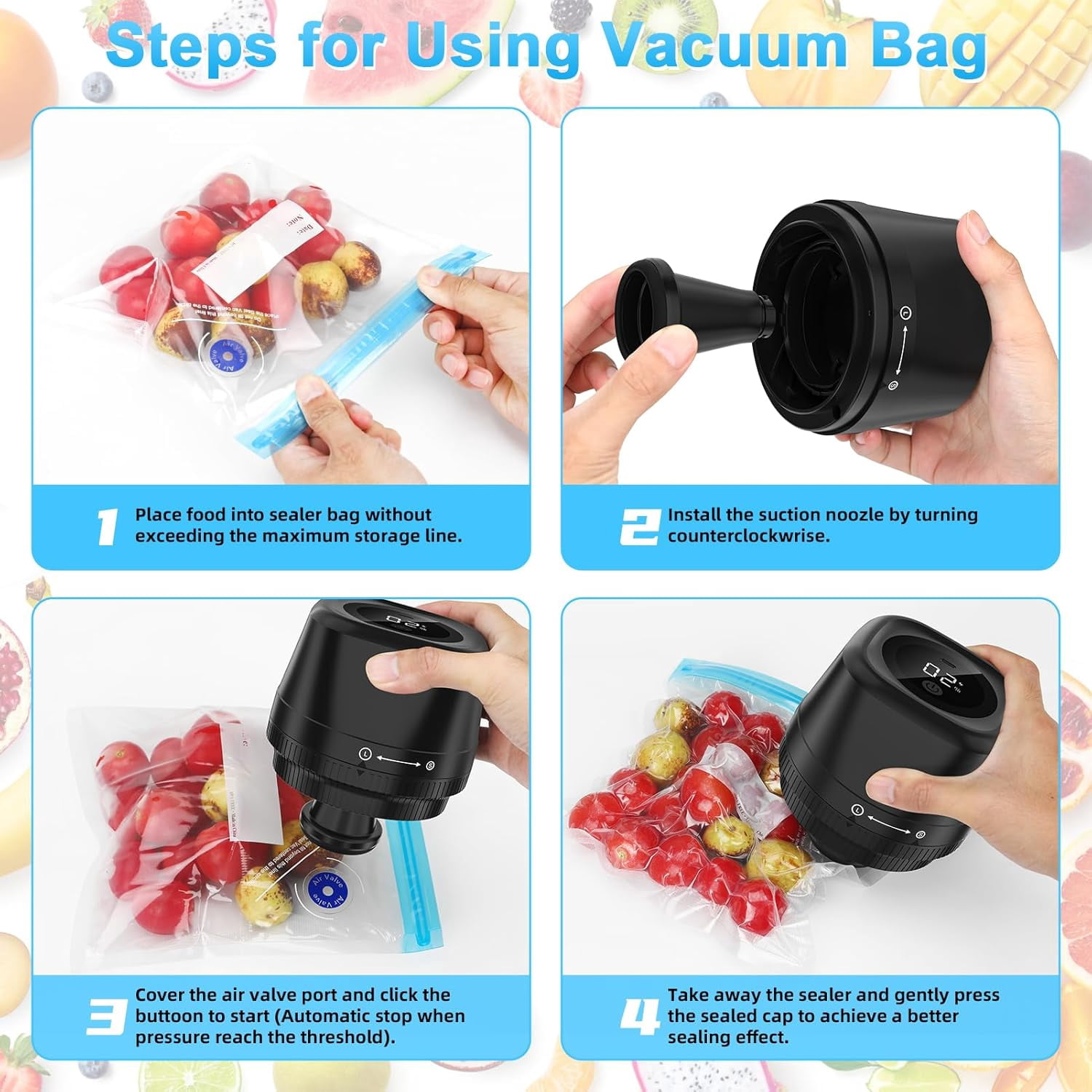 Electric Mason Jar Vacuum Sealer Kit, Automatic Stop 4 in 1 Jar Sealer for Wide and Regular Mouth Mason Jars Wine Bottle,Vacuum Bags Containers, Black