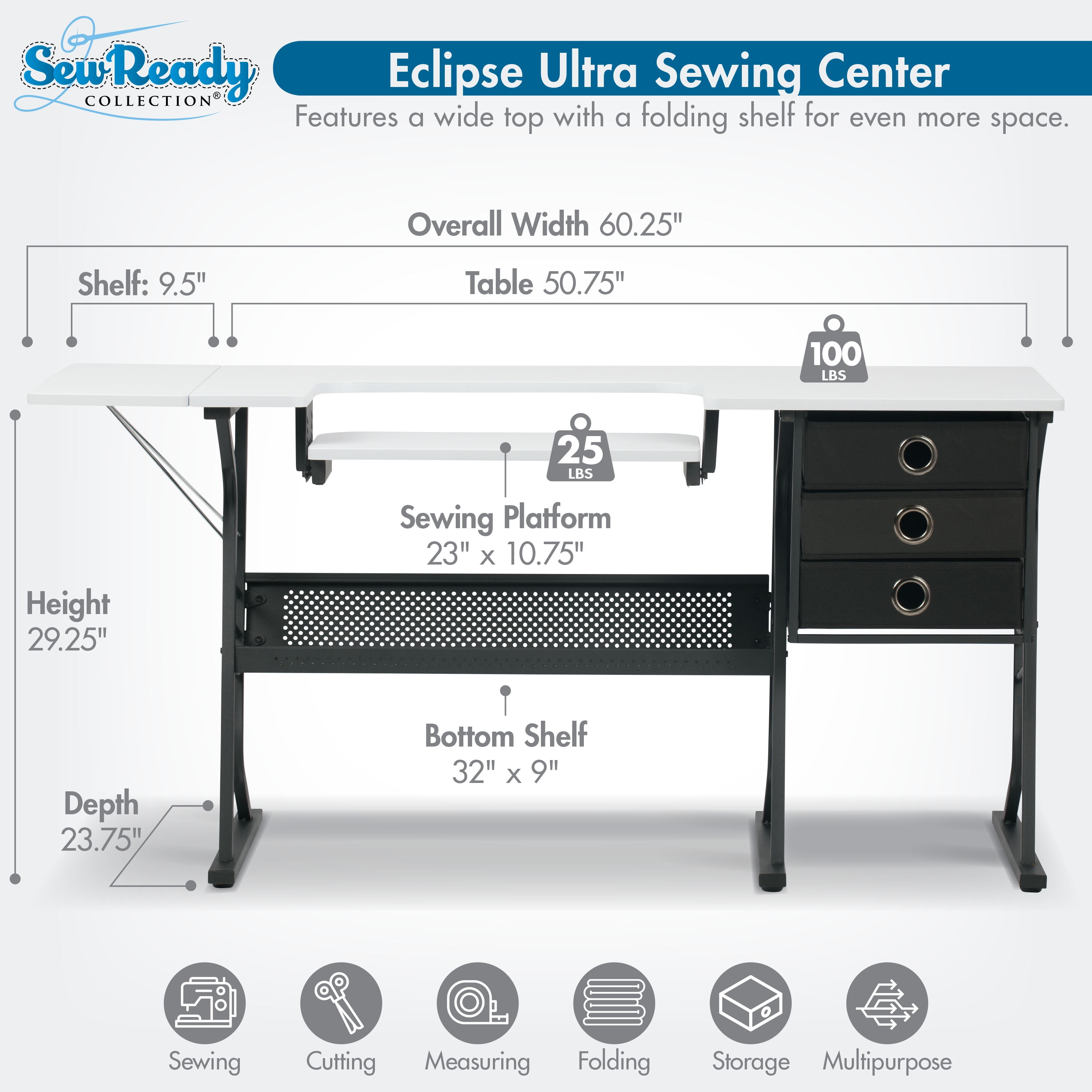 Sew Ready Eclipse Ultra Hobby/Office/ Sewing Desk with Height Adjustable Platform and Storage Black/White