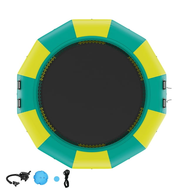 KFFKFF Water Bouncer Inflatable, Trampoline for Water Recreation, 12ft, Mobile Swim Bounce Station with Triple-Step Ladder & Electric Inflation Device, Pool and Lake Floating Springboard