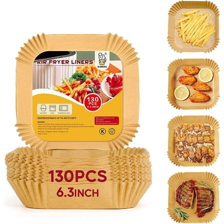 Katbite Air Fryer Paper Liners, 6.3 in Square, 130 Count, Unbleached, Non-Stick, Oil-Proof, Disposable