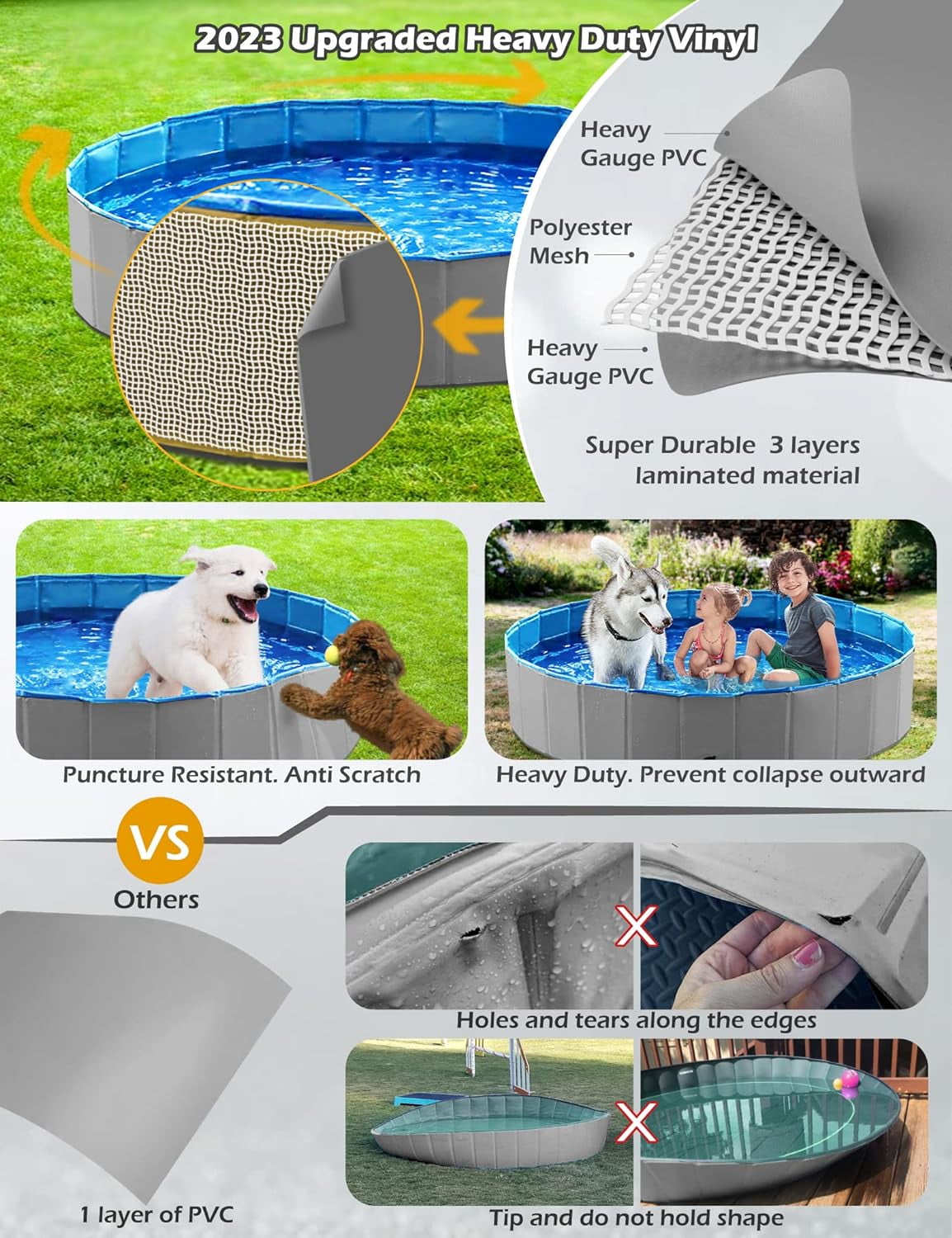 Foldable Dog Pet Bath Pool Collapsible Dog Pet Pool Bathing Tub Kiddie Pool Doggie Wading Pool for Puppy Small Medium Large Dogs Cats and Kids 63" Grey