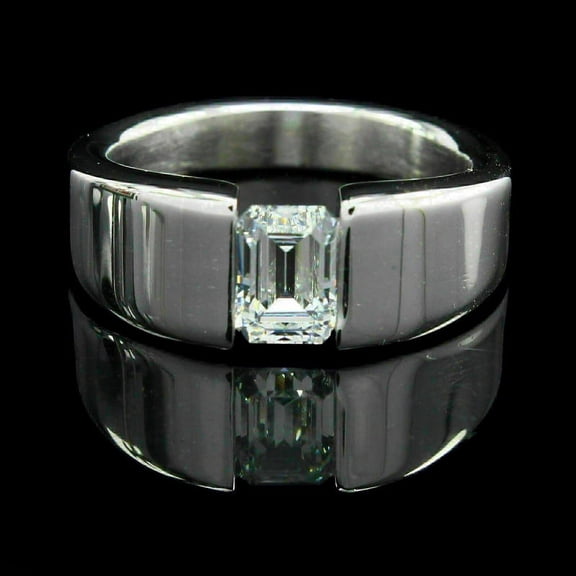 Cow Jewel 14K White Gold 1.3 Ct VVS1 Emerald Cut Diamond Solitaire Ring - Tension Set Ring for Men - Casual Office Wear - One-Stone Engagement Ring