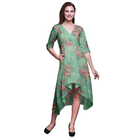 Bimba Cotton Green Leaves,Rose & Narcissus Anemone Floral Printed Short Sleeve Classic Midi Dress With Pockets Asymmetrical Shift Dress-XSmall